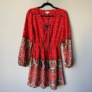 Gianni Bini Red Boho Patterned Long Sleeve Dress Size M